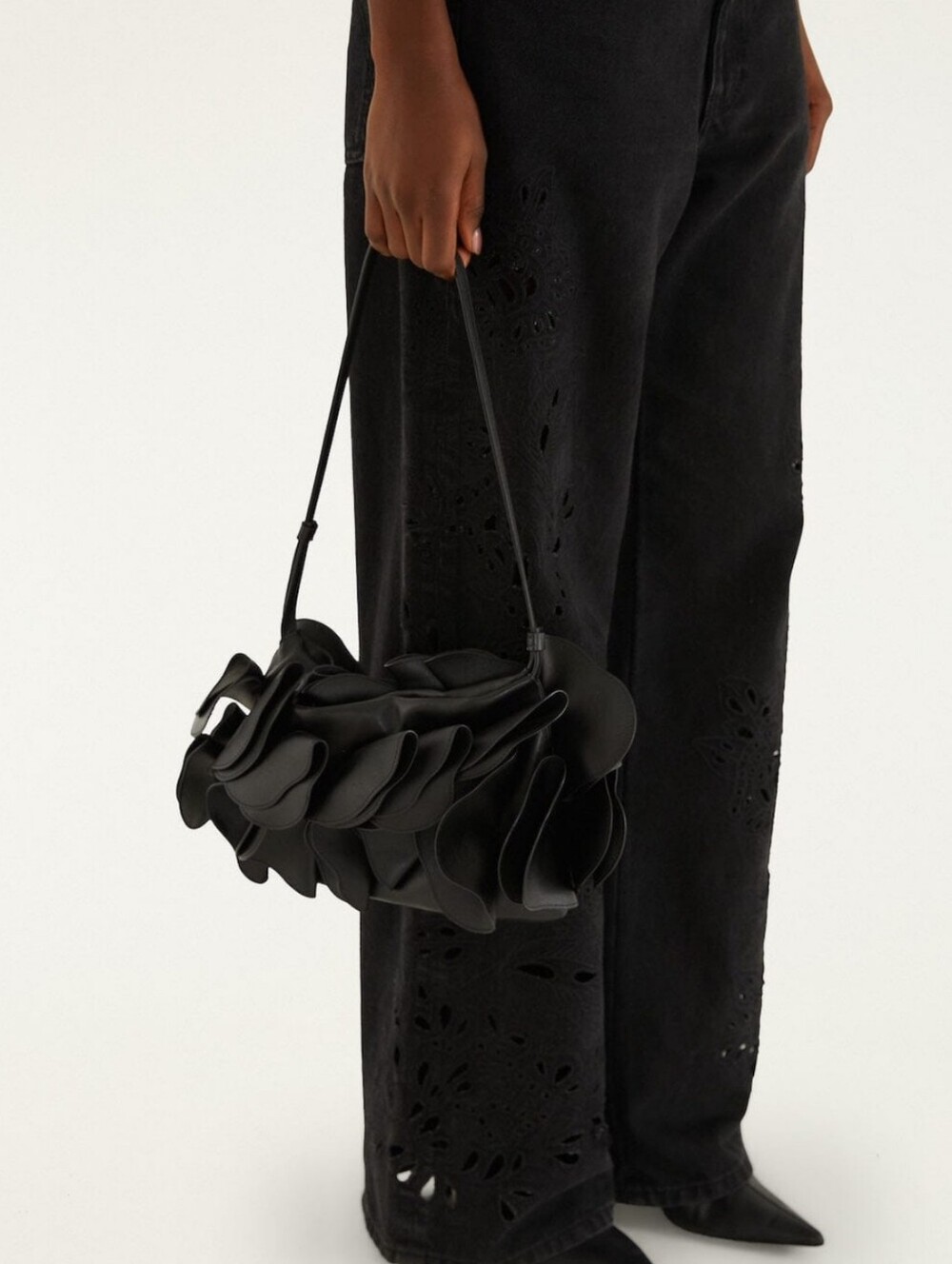 Farm Rio Black Leather Shoulder Flower Bag With Ruffle